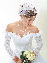 Load image into Gallery viewer, Bowknot Fascinator Hat Feathers Veil Mesh Headband and Short Lace Gloves Floral Lace Gloves (White)
