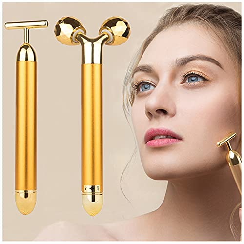 2 IN 1 Face Massager Roller Gold Facial Massager, Electric 3D Face Roller and T Shape Arm Eye Nose Head Massager Instant Face Lift Anti Wrinkles