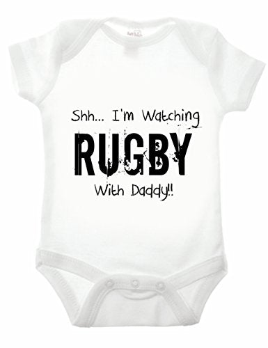 Reality Glitch Shh.. I'm Watching Rugby with Daddy Babygrow Funny Newborn Gift (6-12 Months, White)