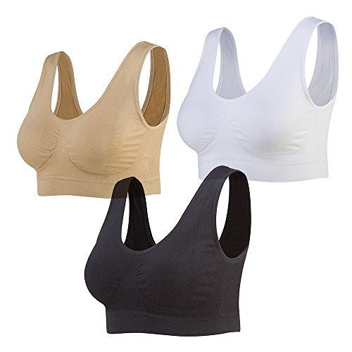 Lemef 3-Pack Seamless Sports Bra Wirefree Yoga Bra with Removable Pads for Women (Medium, Black&White&Nude)