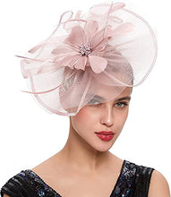 Load image into Gallery viewer, Z&amp;X Large Sinamay Fascinator Floral Feather Derby Pillbox Hat with Headband Clip (#007 Nude-Pink)
