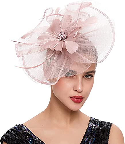 Z&X Large Sinamay Fascinator Floral Feather Derby Pillbox Hat with Headband Clip (#007 Nude-Pink)