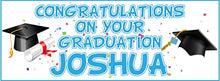 Load image into Gallery viewer, 2 Personalised Graduation Banners - Congratulations - Any Name - Any Message (Approx 3ft x 1ft) (Blue)
