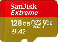 Load image into Gallery viewer, SanDisk Extreme 128 GB microSDXC Memory Card + SD Adapter with A2 App Performance + Rescue Pro Deluxe, Up to 160 MB/s, Class 10, UHS-I, U3, V30 , Red/Gold
