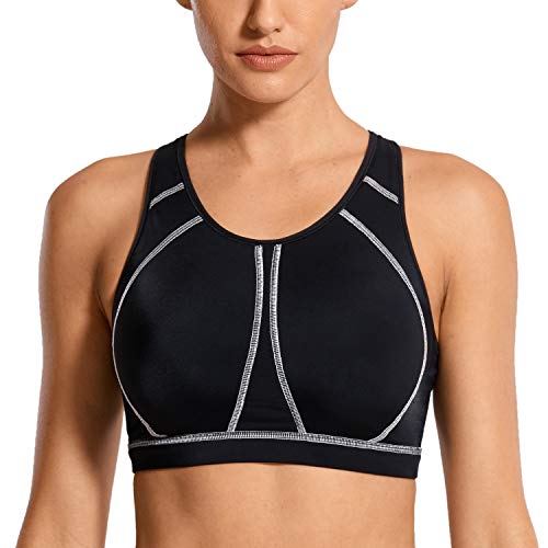 SYROKAN Women's High Impact Padded Supportive Wirefree Full Coverage Sports Bra Black 34E