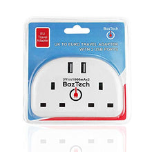 Load image into Gallery viewer, BazTechElectroS European Travel Adapter Plug EU Two Pin Converter to UK 3 Pin Mains Switch Extension 2 Sockets with 2 USB Ports EU to UK Adapter
