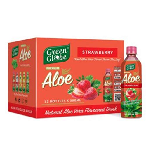 (Pack of 12) Green Globe Aloe Vera Juice Drink 500 ml, Original Aloe Vera Juice for Hair and Skin 500 ml (Strawberry Aloe Vera Drink)