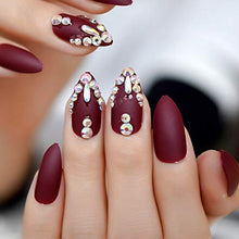 Load image into Gallery viewer, EchiQ 3D Shinning Rhinestones Matte Burgundy Stiletto Fake Nails Oval Almond Pointed Frosted Press on Designs False Wear Nail
