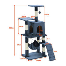 Load image into Gallery viewer, TUKAILAI Cat Tree 125cm Tall Sisal Cat Scratch Posts Multi-Level Cat Climbing Tower With Dangling Ball Condo, Hammock and Ladder, Indoor Pet Activity Furniture Play House for Kittens, Blue
