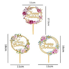 Load image into Gallery viewer, 3 Pcs Flowers Cake Toppers Acrylic Happy Birthday Cake Toppers Various Birthday Party Wedding Cake Decoration
