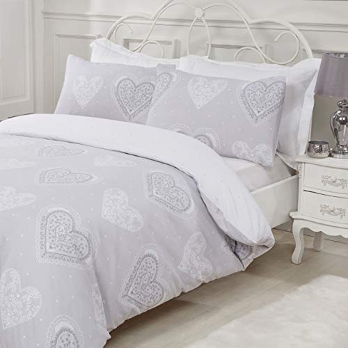 Sleepdown Decorative Hearts King Grey Reversible Soft Cosy Cotton Mix Duvet Cover Quilt Bedding Set With Pillowcases - King (220cm x 230cm)
