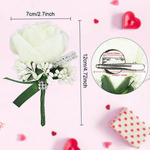 Load image into Gallery viewer, JUNMEIDO 4 PCS Rose Wedding Boutonniere White Boutonniere Handmade Corsage Buttonhole Flowers Artificial Wedding Prom Banquet Flowers Decor with Pin&amp;Clip for Groom Men Bridal Women Suit Dress
