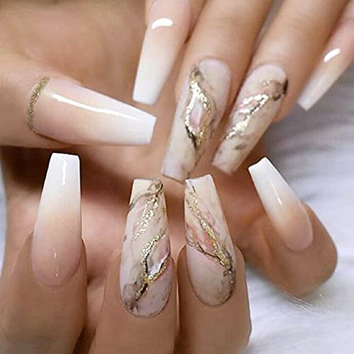 YoYoee Nude Press On Nails Coffin Long Fake Nails Acrylic Gradient False Nails Marble Full Cover Stick On Nails for Women and Girls (24 PCS)