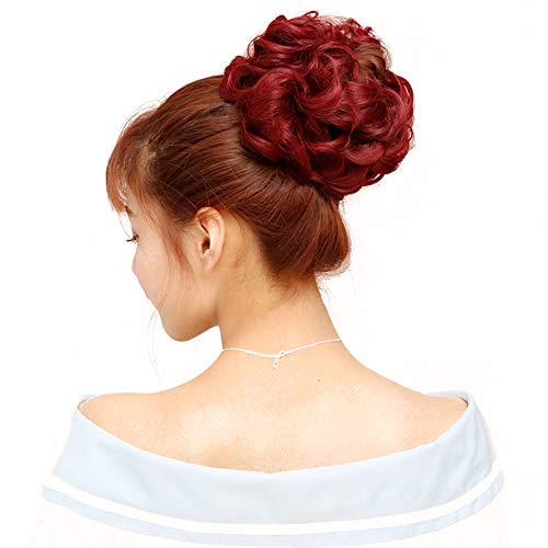 Super Thick Scrunchies Extension Curly Messy Bun Hair Pieces for Women Donut Updo Ponytail Hair Chignons Wine Red
