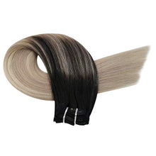 Load image into Gallery viewer, Moresoo Balayage Clip in Hair Extensions Human Hair Extensions Clip in Black to Ash Blonde with Blonde 20 Inch Double Weft Clip in Human Hair Extensions 7PCS 120G
