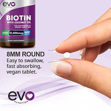Load image into Gallery viewer, Biotin Hair Growth Supplement 12,000mcg with Coconut Oil | 400 High Strength Biotin Tablets for Hair - 13 Month Supply | Vitamin B7 | Support Normal Skin &amp; Hair Growth | Made in UK by EVO Nutrition
