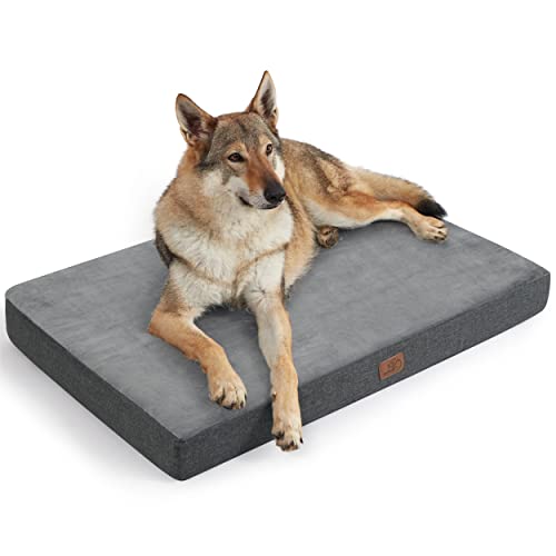 Bedsure Dog Crate Bed Large - Memory Foam Washable Dog Mattress, Orthopedic Flat Dog Bed with Removable Cover, Grey, 89x56x8cm