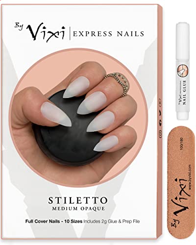 By Vixi 600 Pieces MEDIUM STILETTO NAIL SET with FREE GLUE & PREP FILE, 10 Sizes – Opaque Express Full Cover False Fingernail Extensions for Salon Professionals & Home Use
