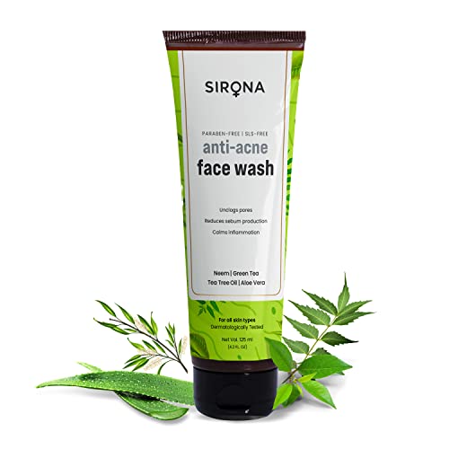 Sirona Anti Acne Face Wash for Men & Women – 4.2 Fl Oz with Neem, Green Tea, Tea Tree Oil & Aloe Vera | for Unclogs pores, Reduces sebum production & Calms inflammation