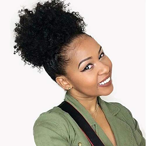 Drawstring Ponytail for Black Women Afro Human Hair Kinky Ponytail Drawstring Clip in Top Closure Ponytail Extension Curly 14 Inches Natural Black 100g