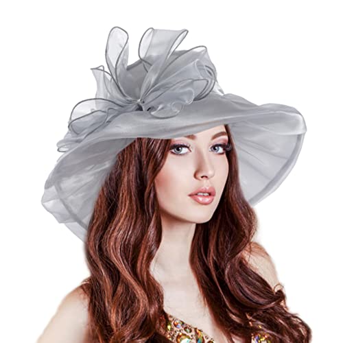 Derby Hats for Women Church Dress Floral Tea Party Fascinators Bridal Organza Wedding Hat, Silver Gray, One Size