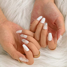 Load image into Gallery viewer, Sethexy Medium White Fake Nails Ballerina Glitter Stick on Nails Glossy Coffin False Nails Snow Nails with Glue 24Pcs Acrylic Art Press-on Nail Tips for Women and Girls
