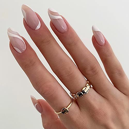 Medium Length Almond Press on Nails with Designs,Nude White Stripes Acrylic Nails Press on,Stick on Nails for Women,Artificial Glue on Nails, Abstract Fake Nails for Nail Art Manicure Decoration