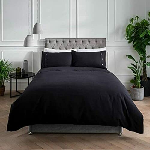 Sleepdown Simple and Classy Waffle Design Black Duvet Cover Quilt and Pillow Cases Bedding Set with Buttons Closure - Double (200cm x 200cm)
