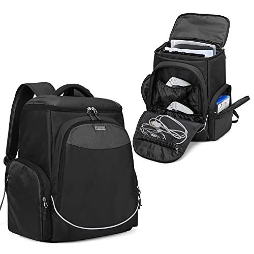 Trunab Console Carry Bag Backpack Compatible with PS5/PS4/PS4 Pro/PS4 Slim/Xbox One/Xbox One X/Xbox One S, Travel Case with Multiple Pockets for 15.6” Laptop, Game Accessories, Black, Patented Design