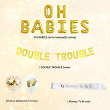 Load image into Gallery viewer, JOYMEMO Twins Baby Shower Decorations Set Gold, Double Trouble Banner Glitter, OH BABIES Confetti Balloons, Mummy To Be Sash for Babies Gender Reveal Party Supplies
