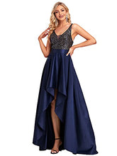 Load image into Gallery viewer, Ever-Pretty Women&#39;s V Neck Elegant A Line Hi-Low Empire Waist Satin Skirt Long Evening Gowns Dresses with Sequin Navy Blue 18UK
