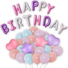 Load image into Gallery viewer, Pannu Design Mix colour Pastel Balloon arch kit, colourful Garland, Mix Macaron colour Happy Birthday Banner, Pink Heart &amp; Purple Star foil with pink ribbons. For Baby shower, kids birthdays. 79 pcs

