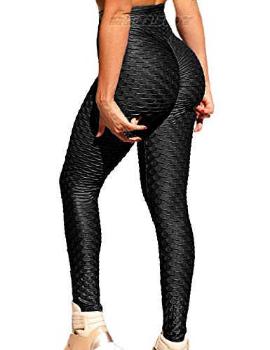 RIOJOY Women's Ruched Butt Fitness Leggings High Waist Stretchy Honeycomb Texture Running Tights,Black,Small