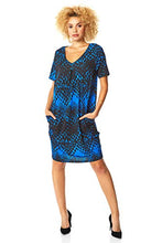 Load image into Gallery viewer, Roman Originals Women Animal Print Dress with Pockets Ladies Leopard Tunic Shift Jersey Stretchy Slouch Office Smock Smart Loose Cocoon Oversized Fit Party Casual V Neck UK - z Blue &amp; Black - Size 18
