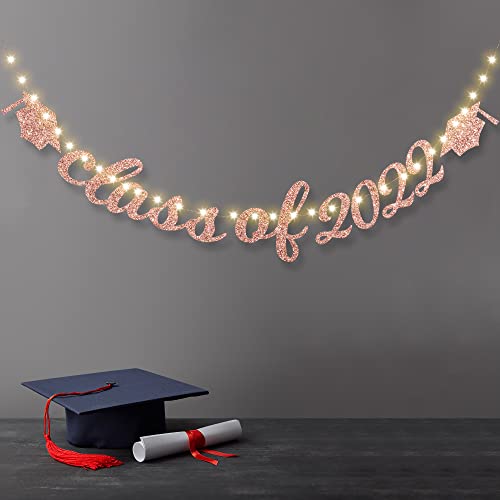 Graduation Party Decorations Class of 2022 Glittery Banner with 8 Modes LED String Lights, 2022 Congratulations Grad Party Decor Supplies (Rose Gold)