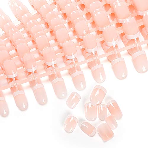 LIARTY 240 Pcs Natural French False Nails with Glue Stickers, Acrylic Full Cover Short Fake Nails Tips for Girls Women