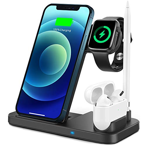 TEMINICE 4 in 1 Wireless Charger, Apple Watch & AirPods & Pencil Charging Dock Station, Nightstand Mode for iWatch Series 7/6/SE/5/4/3/2/1, Fast Charging for iPhone 13/12/11/ Pro Max/XR/XS Max/Xs/X/8