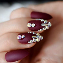 Load image into Gallery viewer, EchiQ 3D Shinning Rhinestones Matte Burgundy Stiletto Fake Nails Oval Almond Pointed Frosted Press on Designs False Wear Nail
