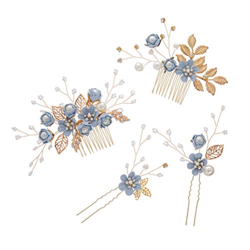 NUOBESTY Wedding Hair Comb, Wedding Hairpins Set Decorative Pearl Comb, Flower Bridal Hair Pins Set, Hair Accessories for Brides Girls 4PCS (Blue)