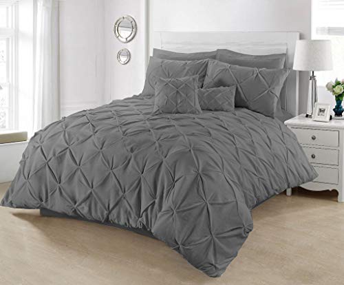 Pintuck Duvet Cover with Pillowcases Luxury 100% Percale Cotton Quilt Bedding Covers Single Double King Super King Size Bed Sets (Double, Charcoal Grey)