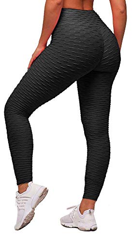 Memoryee Women's Honeycomb Waffle Leggings Ruched Butt Lift High Waisted Yoga Pants Chic Sport Tummy Control Gym Running Tights/Black/M