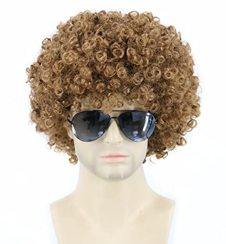 Topcosplay 3 PCS Men's Wig 70s 80s Disco Dude Dirt Bag Wig & Moustache Necklace Short Curly Afro Shaggy Wig Blonde Mixed Black (Light Brown)
