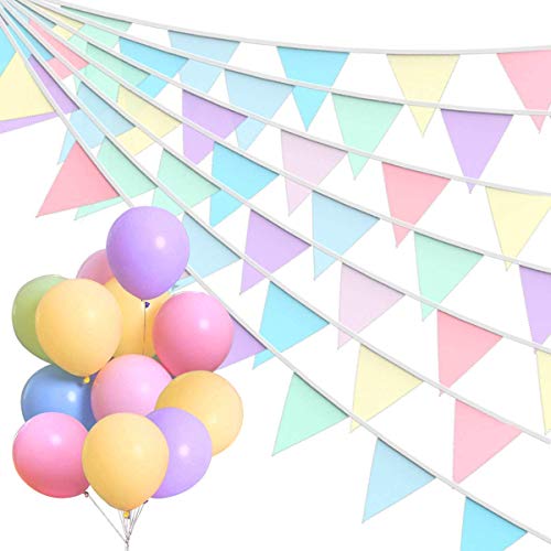 Alintor 46 Flags 40.6ft Bunting, Macarons Fabric Bunting + 18 Pastel Balloons, Birthday Bunting, Easter Bunting Ideal for Indoor Outdoor Ramadan, Baby Shower Banner, Garden Party Decorations