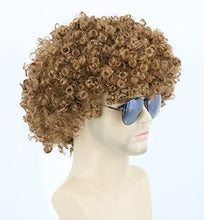 Load image into Gallery viewer, Topcosplay 3 PCS Men&#39;s Wig 70s 80s Disco Dude Dirt Bag Wig &amp; Moustache Necklace Short Curly Afro Shaggy Wig Blonde Mixed Black (Light Brown)
