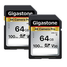 Load image into Gallery viewer, Gigastone SD Card 64GB 2-Pack, High-Speed 64GB SD Card Full HD Video Memory Card, Compatible with Canon Nikon Sony Pentax Kodak Olympus Panasonic Digital Camera, UHS-I SDXC V10 U1 Class 10 (64gb)
