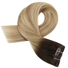 Load image into Gallery viewer, Moresoo Clip in Balayage Hair Extensions Full Head 100% Human Hair Straight Clip on Hair Extensions Brown to Light Brown with Golden Blonde Hair Extensions Clip in 18Inch 120g/7pcs
