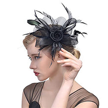 Load image into Gallery viewer, Fashband Fascinator Hat Flower Mesh Feather Headband with Hair Clip Black Cocktail Headwear Bridal Wedding Hair Accessories for Women and Girls
