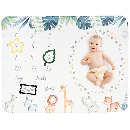 Taobeibei Baby Gift Monthly Milestone Blanket, Growth Tracking Mat of Baby, Soft Baby Flannel Blankets for Pictures, for Gifts, Jungle Safari Theme BoyGirl 130x100cm 300 Gram Weight（Jungle Animal）…