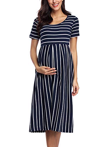 Love2Mi Womens Short-Sleeve Maternity Dress Casual A-Line Midi Pregnant Dress Navy White Stripe L