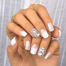 Load image into Gallery viewer, Sethexy White False Nail Glossy Squoval Fake Nails Glitter Rhinestone Nails with Glue 24Pcs Bling Acrylic Press on Nail Tips for Women and Girls
